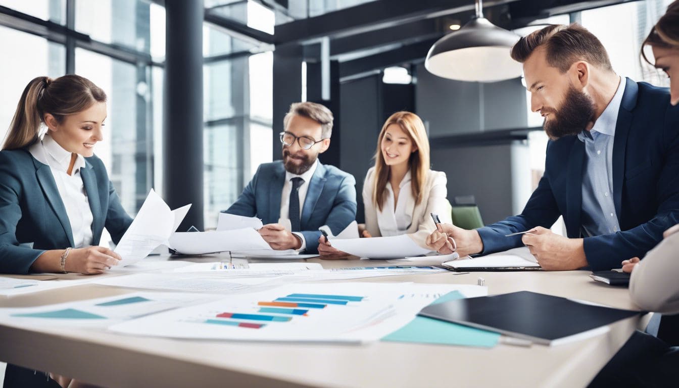 Een groep professionals bespreekt financiële documenten in een modern kantoor. Een groep professionals bespreekt financiële documenten in een modern kantoor.