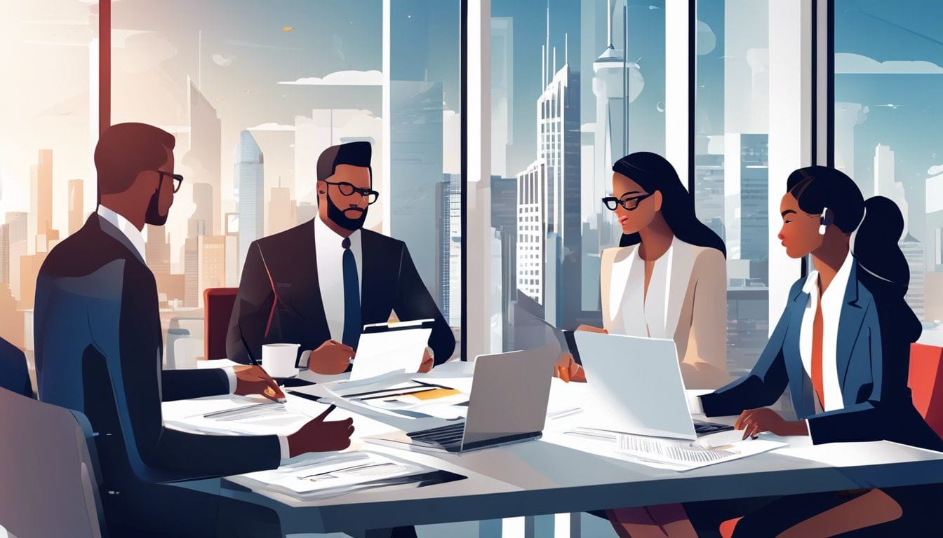 Medewerkers bespreken kosten in modern kantoor met stad op achtergrond. Medewerkers bespreken kosten in modern kantoor met stad op achtergrond.