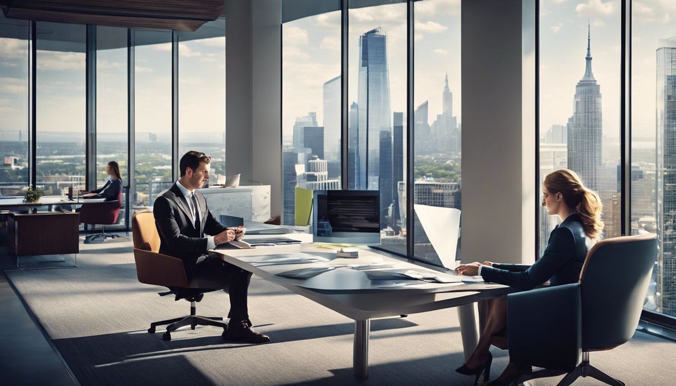 Zakelijke professionals bespreken financi&euml;le transacties in een moderne kantooromgeving.
