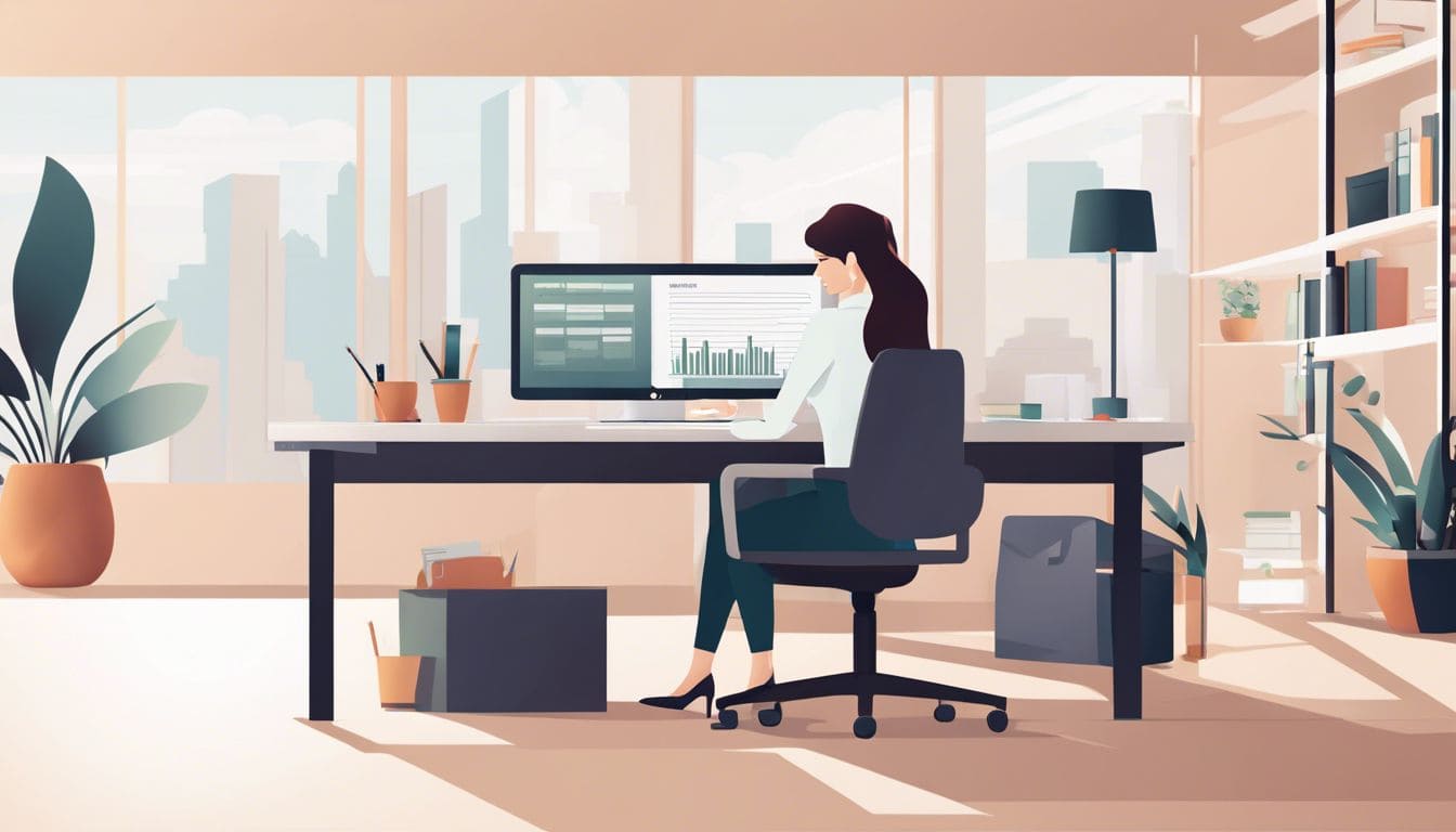 Een professionele vrouw gebruikt digitale boekhoudsoftware aan haar bureau in een zakelijke kantooromgeving.