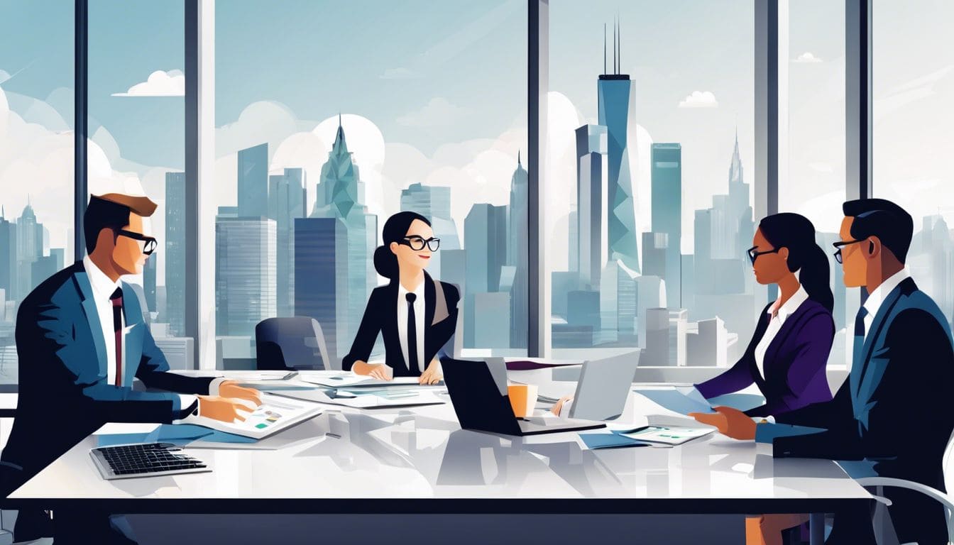 Een groep accountants bespreekt financiële rapporten in een modern kantoor. Een groep accountants bespreekt financiële rapporten in een modern kantoor.