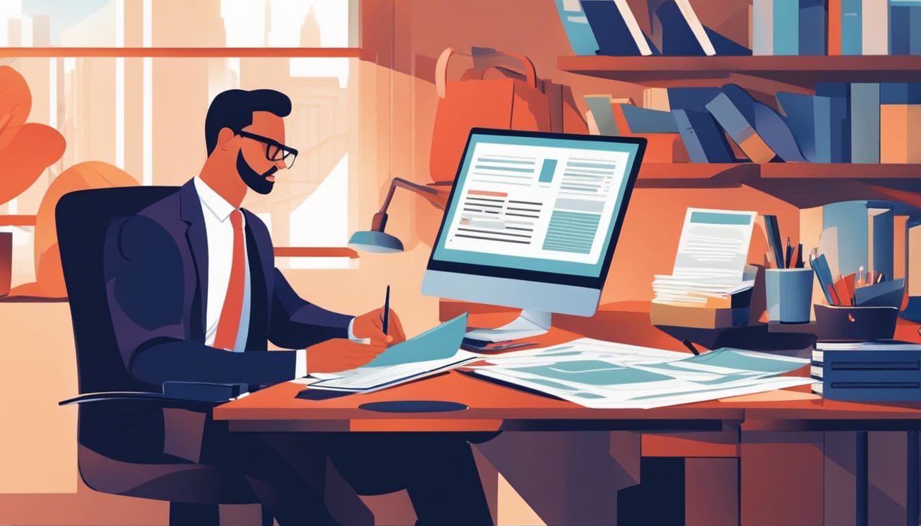 Een professionele accountant onderzoekt financi&euml;le documenten in een modern kantoor.