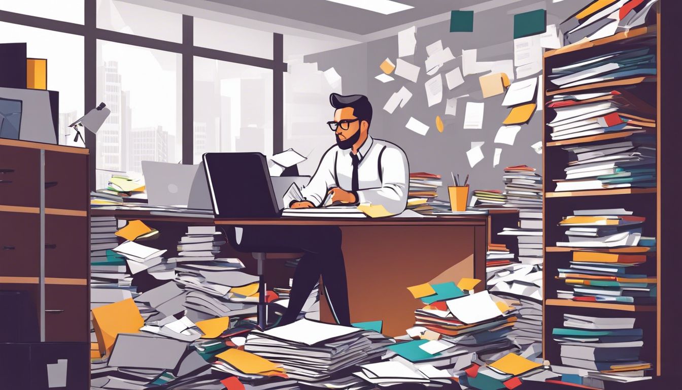Een drukke administratieve medewerker sorteren door rommelige bestanden in een chaotisch kantoor. Een drukke administratieve medewerker sorteren door rommelige bestanden in een chaotisch kantoor.