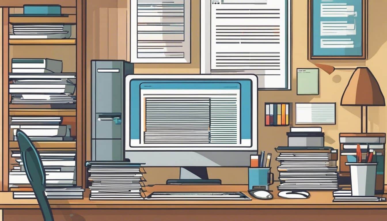 Een opgeruimde en georganiseerde kantooromgeving met papierwerk en een computer.