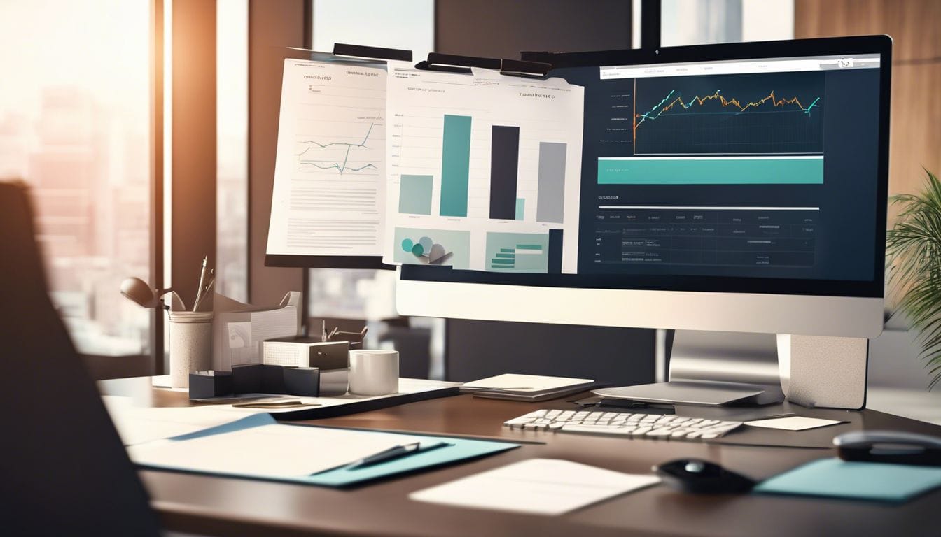 Een strak en georganiseerd kantoor met financiële documenten en een computer. Een strak en georganiseerd kantoor met financiële documenten en een computer.