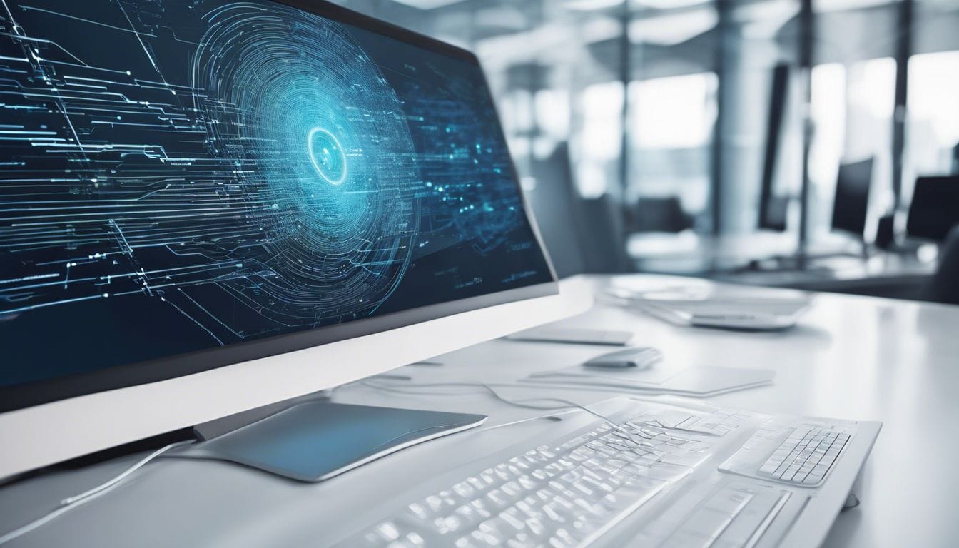 Een abstracte computer scherm met code, omringd door moderne kantoor technologie. Een abstracte computer scherm met code, omringd door moderne kantoor technologie.