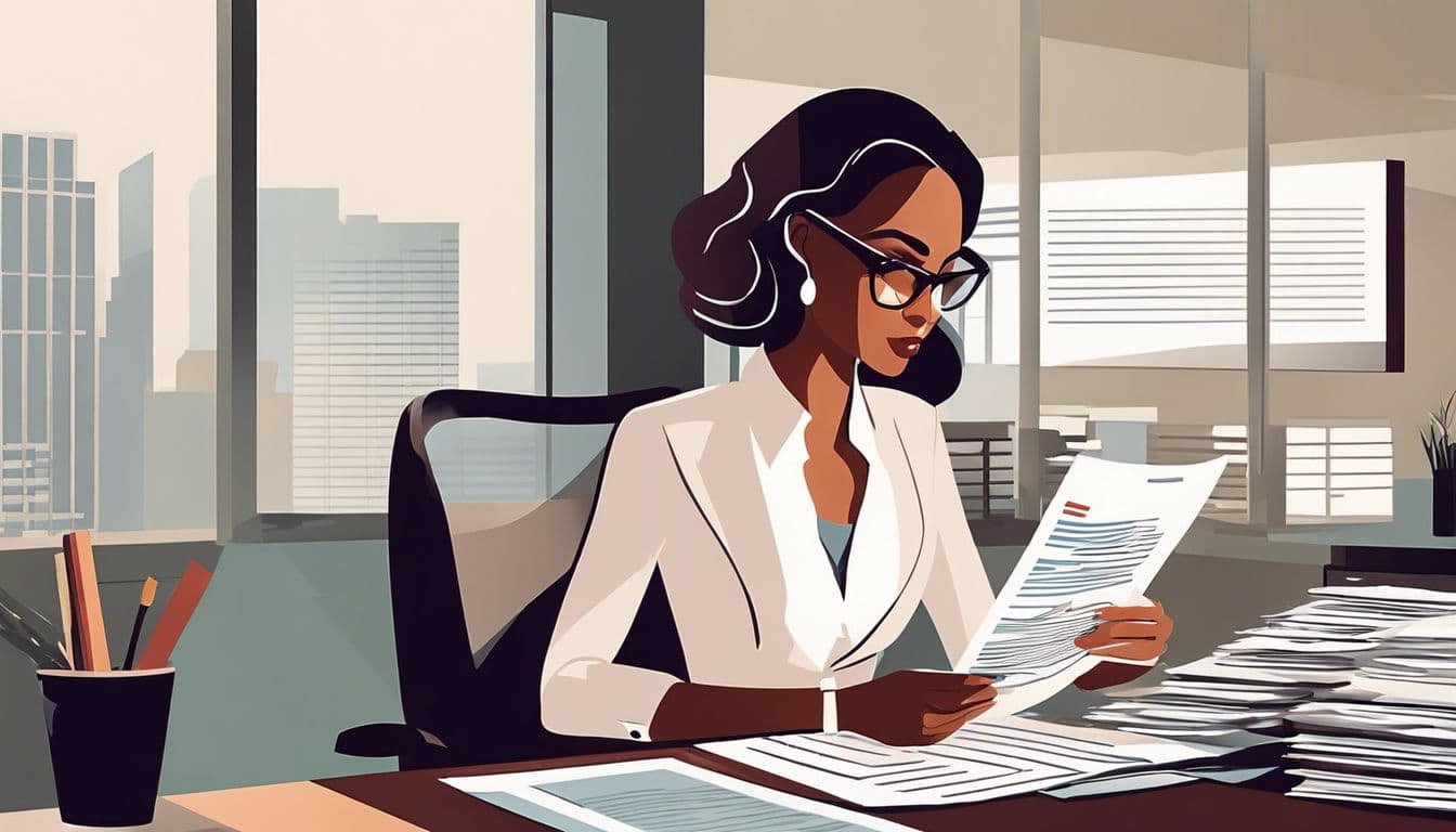 Een zakenvrouw bestudeert financiële documenten in een modern kantoor. Een zakenvrouw bestudeert financiële documenten in een modern kantoor.