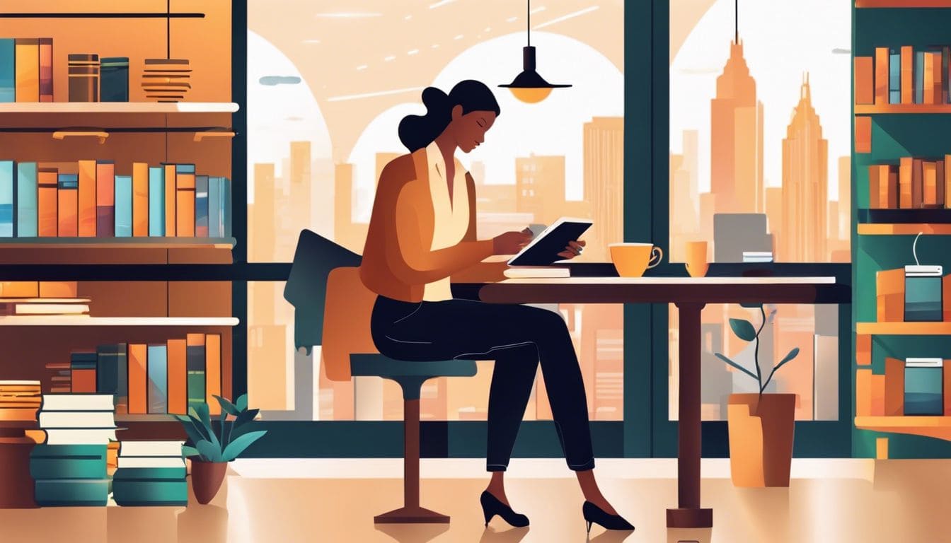 Een persoon gebruikt een boekhoud-app op een smartphone in een gezellige coffeeshop met uitzicht op de stad.