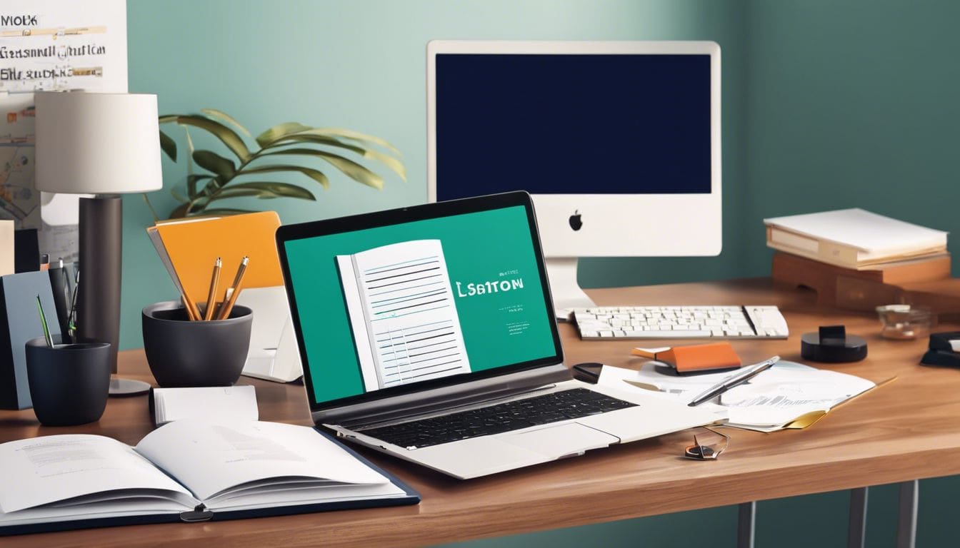 Een opgeruimde en georganiseerde bureau met boekhoudkundige boeken en een laptop, in een professionele kantooromgeving.