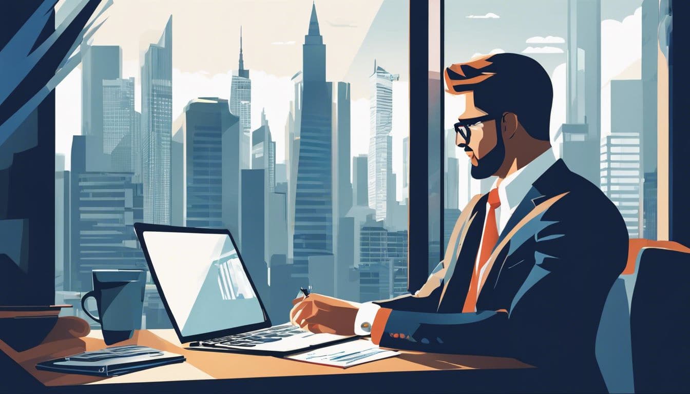 Een zakenman werkt aan zijn bureau met laptop en financiële documenten, met een stadsgezicht op de achtergrond. Een zakenman werkt aan zijn bureau met laptop en financiële documenten, met een stadsgezicht op de achtergrond.