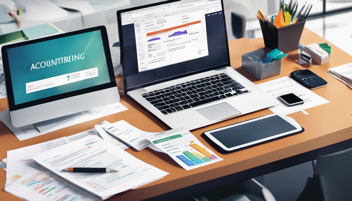 Een georganiseerde maar drukke kantooromgeving met bankafschriften en boekhoudsoftware-integratie.