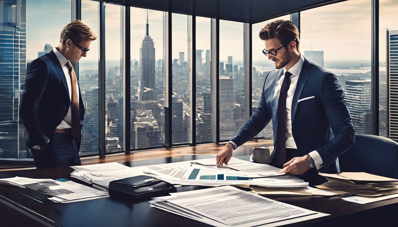 Een zakenman sorteert financiële papieren in een modern kantoor met uitzicht op de stad. Een zakenman sorteert financiële papieren in een modern kantoor met uitzicht op de stad.