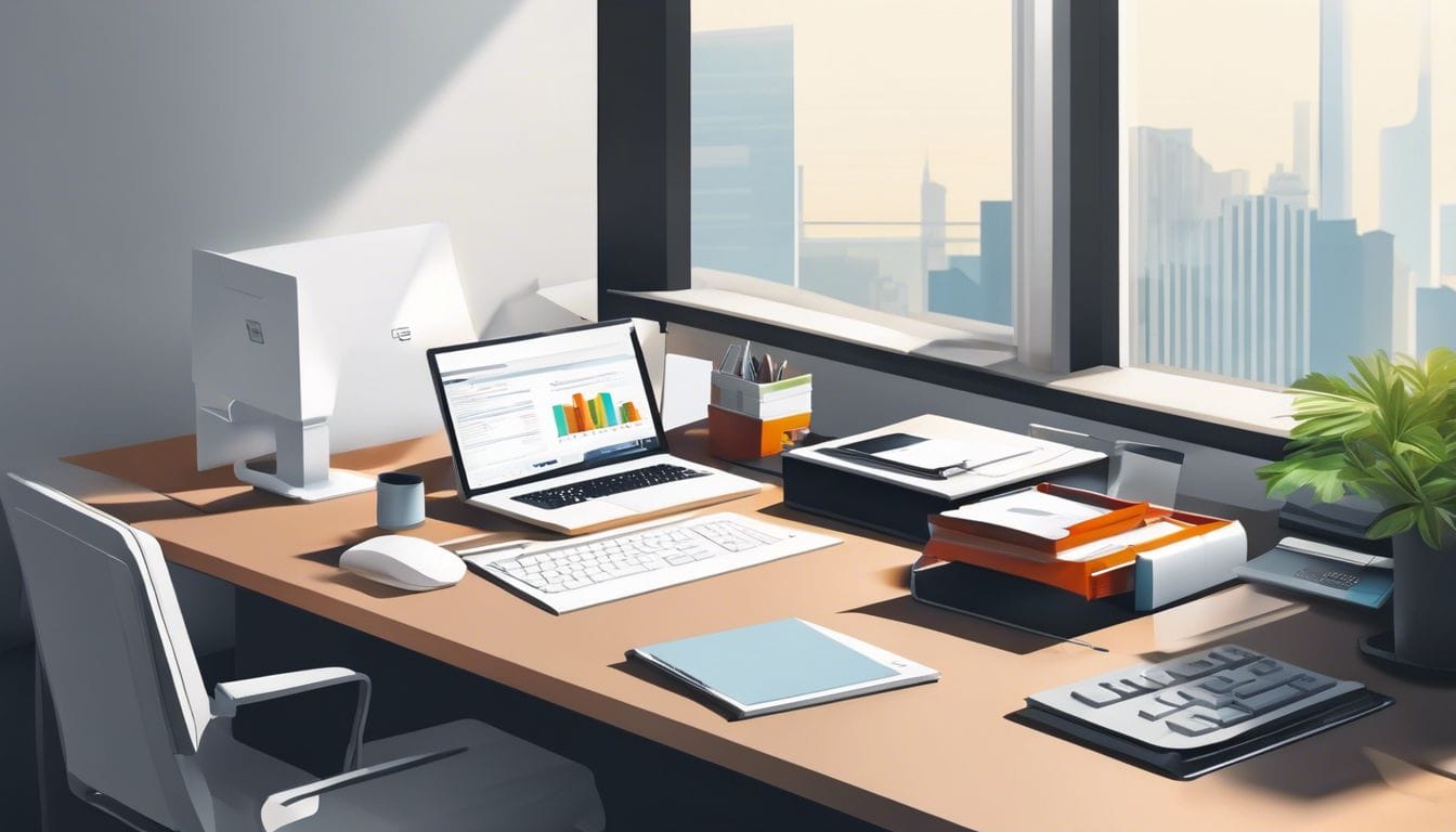 Een netjes georganiseerd kantoor met een computer, financi&euml;le gegevens en een rekenmachine, benadrukkend productiviteit en effici&euml;ntie.