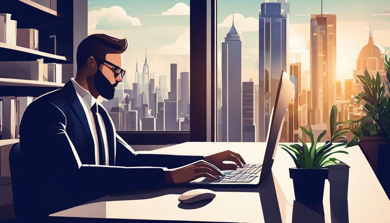 Een professionele installateur gebruikt een boekhoudprogramma op een laptop in een modern kantoor.