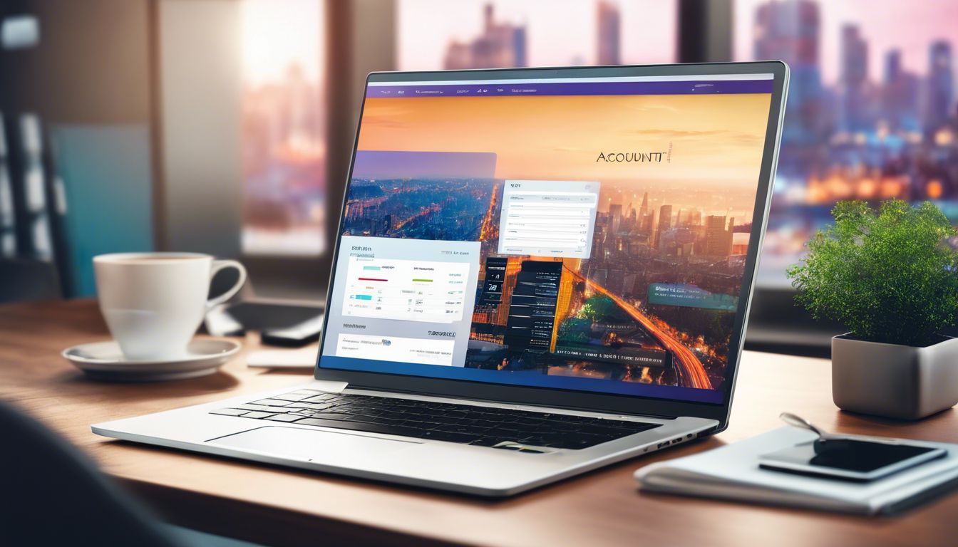 Een laptop met accountancy software op een schone bureau in een moderne stedelijke omgeving.