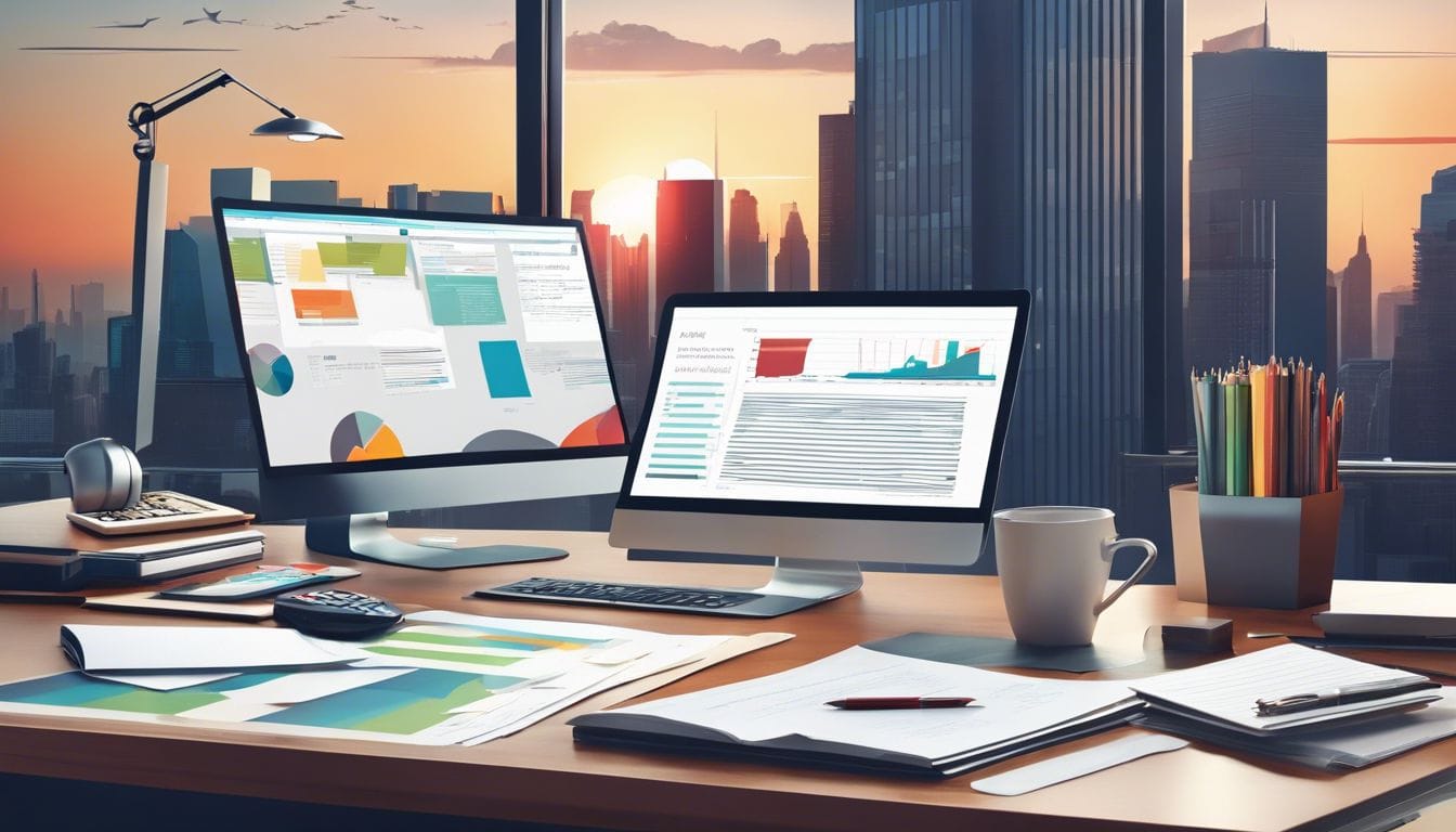 Een moderne kantoorwerkplek met een computer, rekenmachine en financi&euml;le documenten, met een stadsgezicht op de achtergrond.