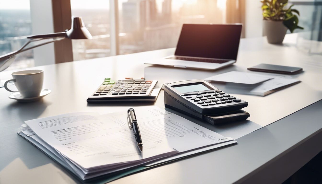 Een goed georganiseerd bureau met laptop, rekenmachine en financi&euml;le documenten.