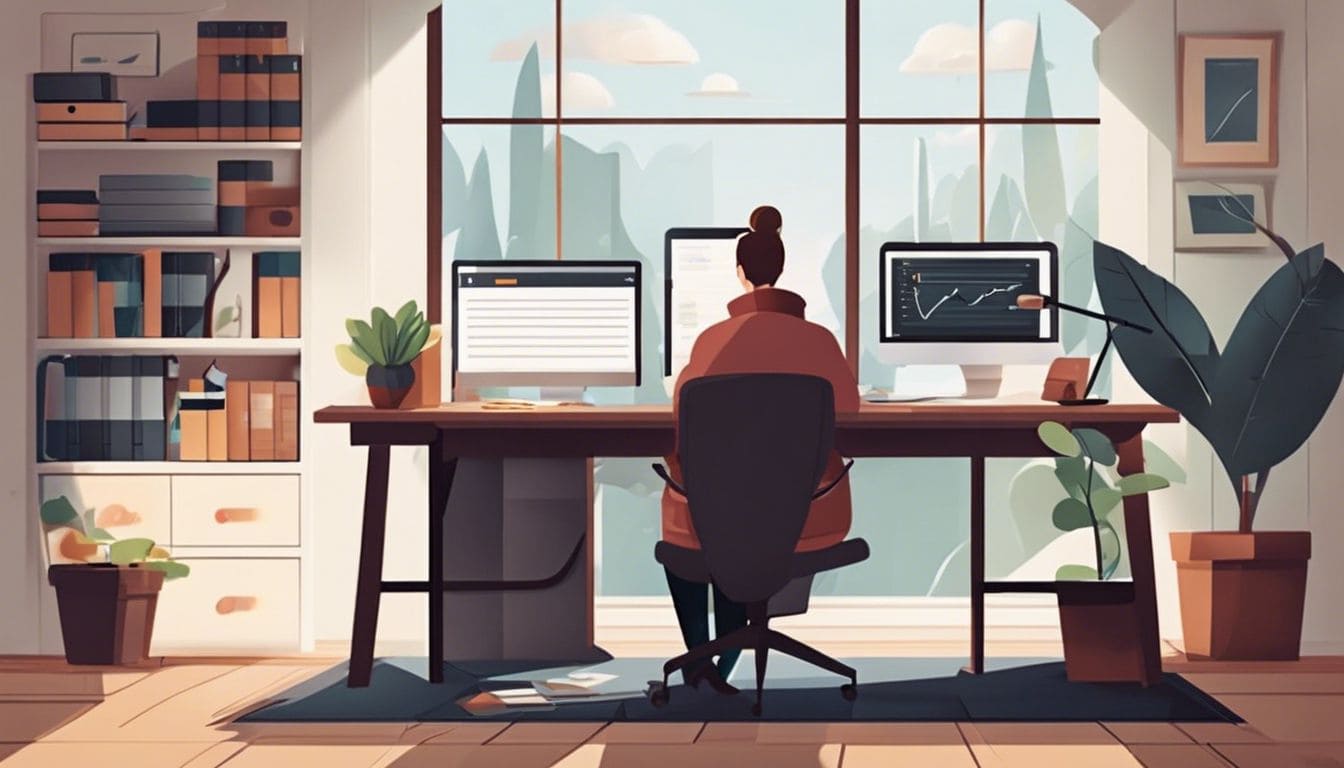 Een persoon beheert financi&euml;n op een computer in een gezellig thuiskantoor.