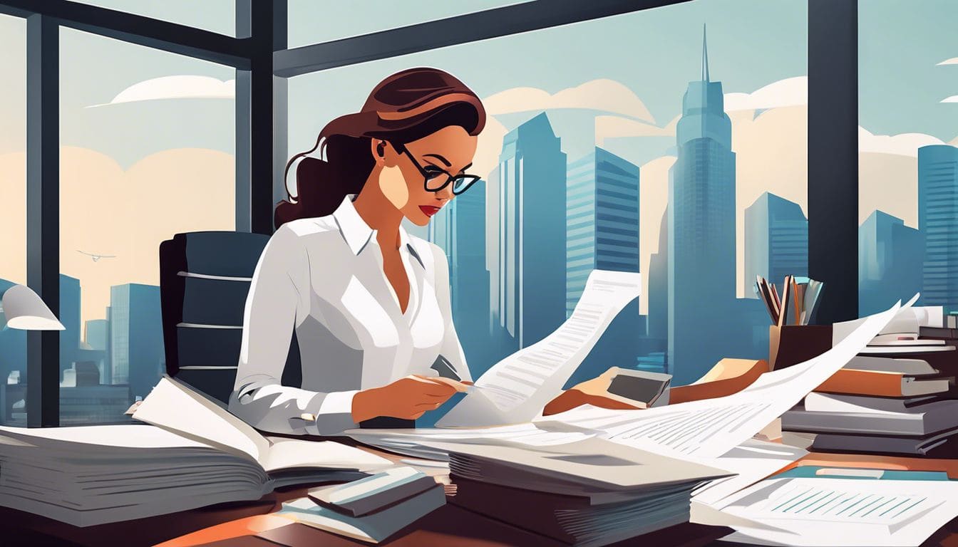 Een zakenvrouw bestudeert financi&euml;le documenten in een moderne kantooromgeving.