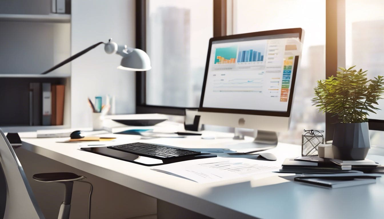 Een opgeruimd kantoorbureau met computer, rekenmachine en financi&euml;le documenten.