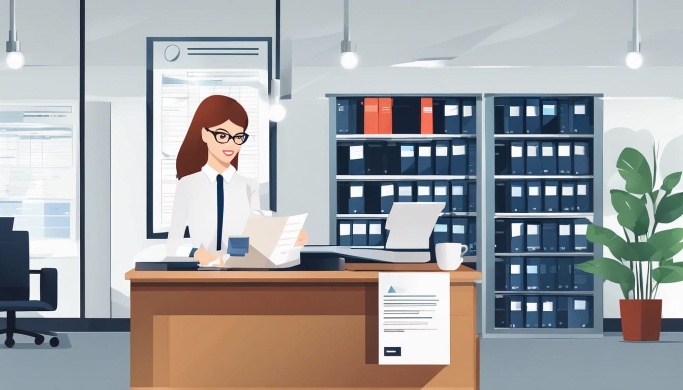 Een zakenvrouw houdt een creditfactuur vast in een kantooromgeving. Een zakenvrouw houdt een creditfactuur vast in een kantooromgeving.