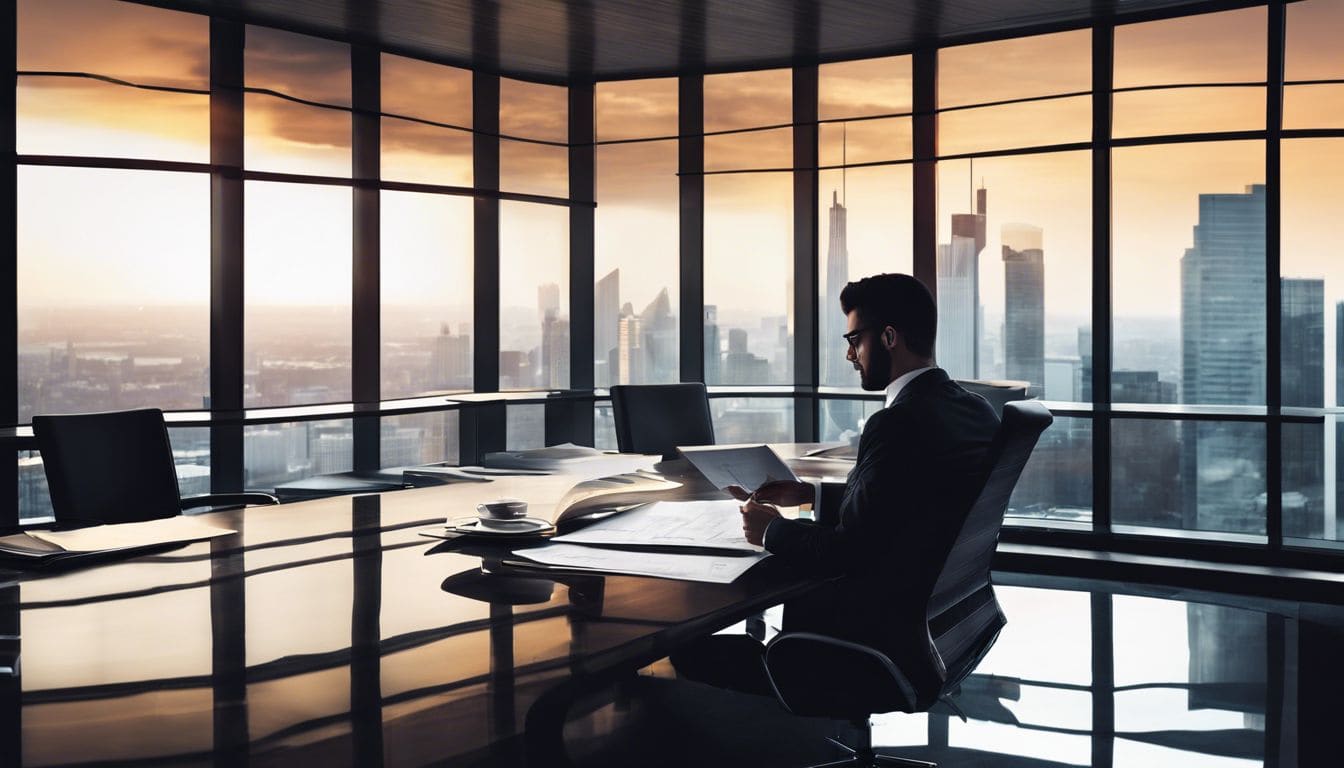 Een zakelijke uitvoerende bestudeert financi&euml;le rapporten in een moderne directiekamer.