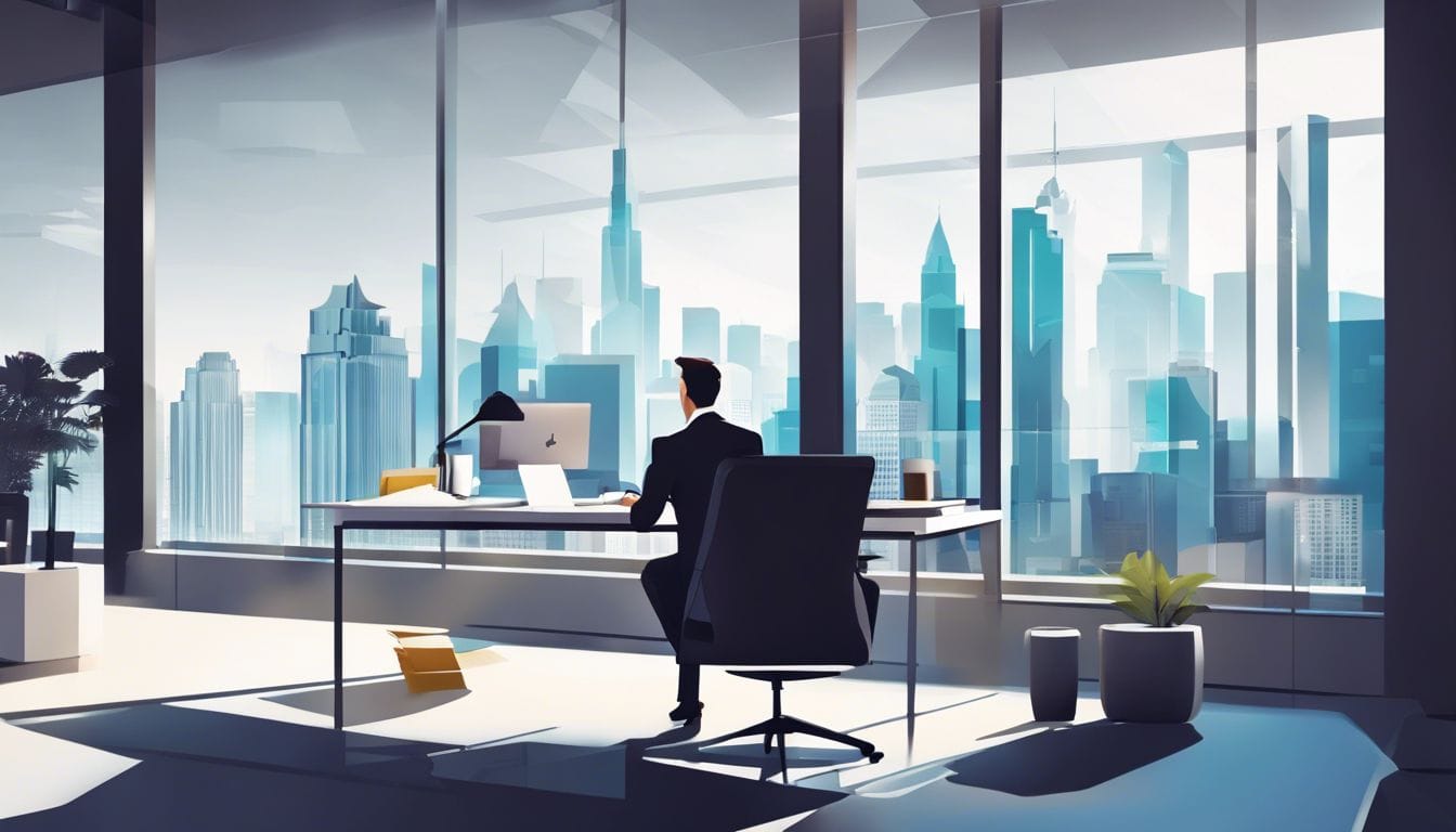 Een ondernemer bekijkt financi&euml;le documenten in een moderne kantooromgeving, met nadruk op stedelijke professionaliteit en ambitie.