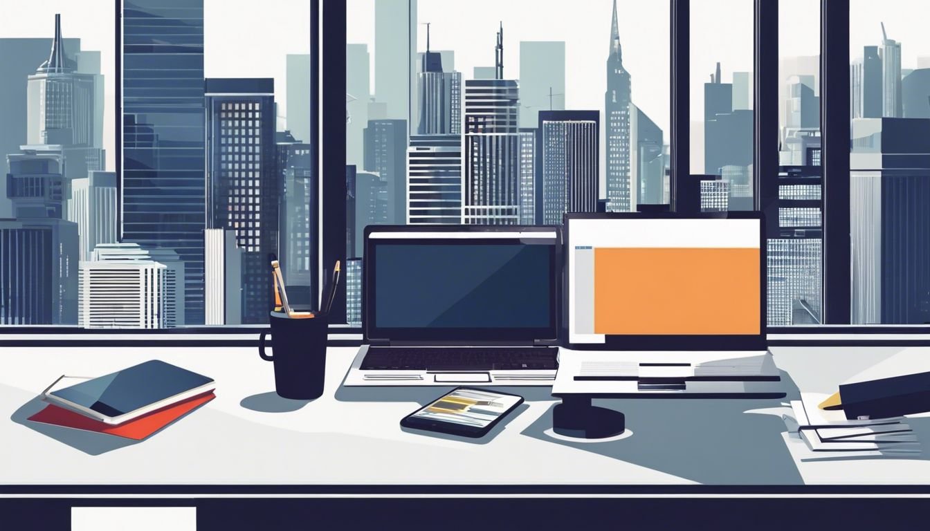 Een persoon werkt op een laptop omringd door modern kantoorapparatuur en stadselementen. Een persoon werkt op een laptop omringd door modern kantoorapparatuur en stadselementen.