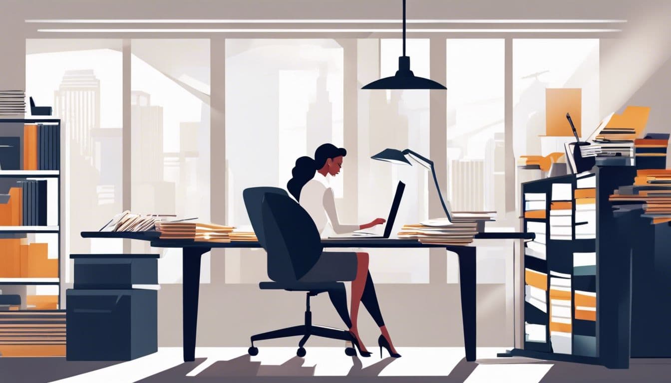 Een zakenvrouw ordent financi&euml;le documenten in een goed verlicht kantoor.