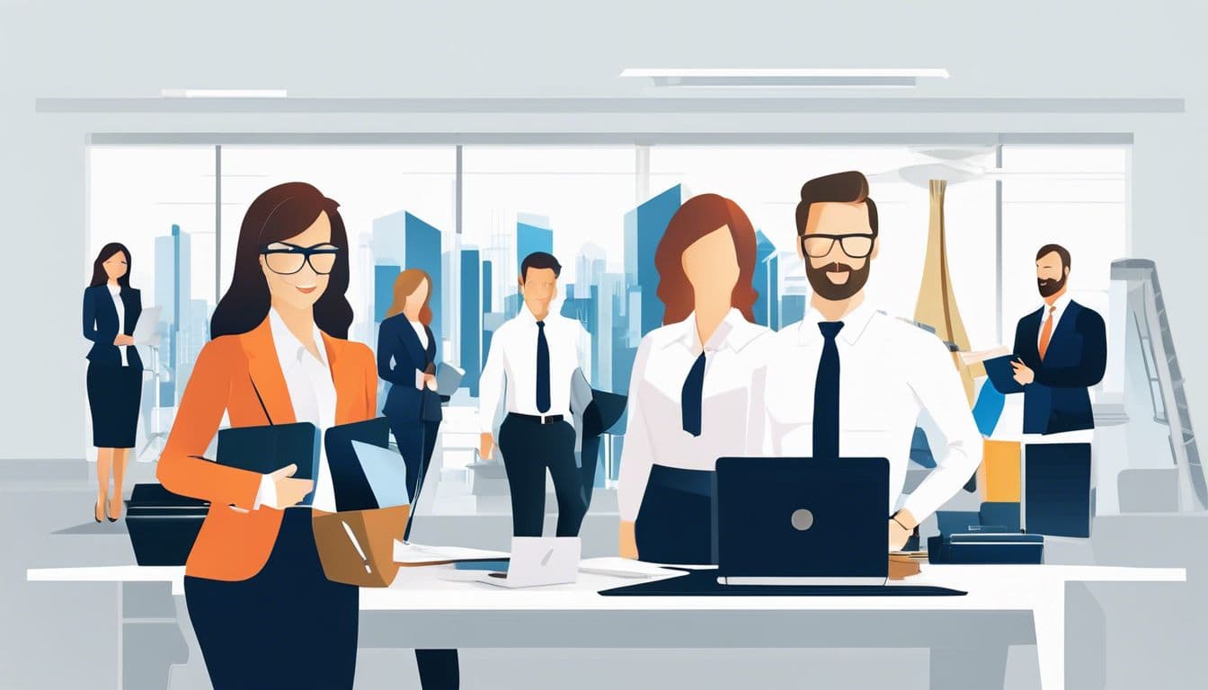 Een zelfverzekerde leider van de administratieafdeling leidt een team in een moderne kantooromgeving. Een zelfverzekerde leider van de administratieafdeling leidt een team in een moderne kantooromgeving.