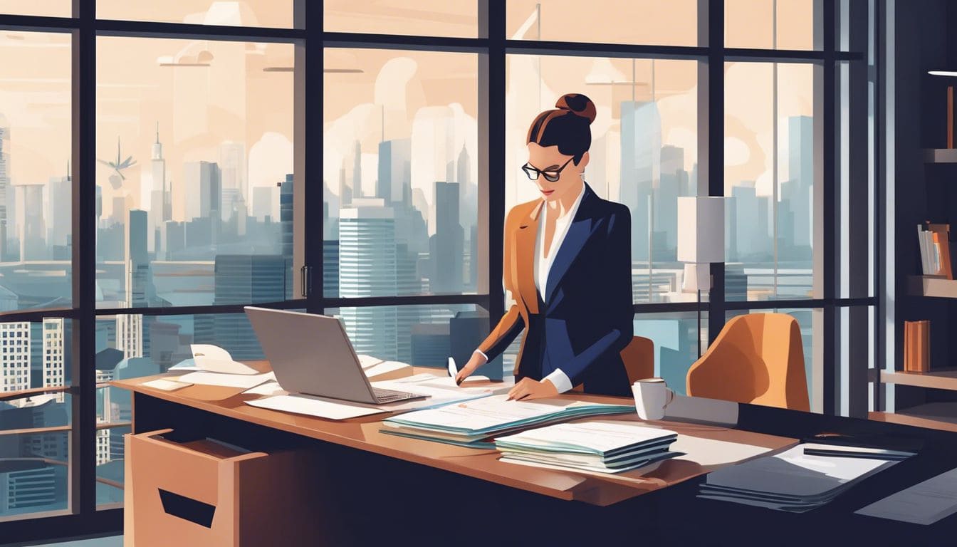 Een financi&euml;le professional sorteert documenten op een net bureau, met uitzicht op een moderne stadsskyline.