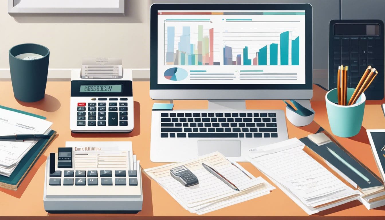 Een opgeruimd bureau met financi&euml;le documenten en een rekenmachine.