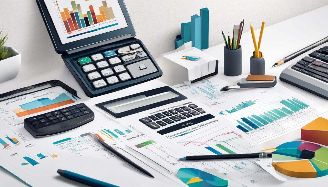 Een netjes georganiseerde financi&euml;le verklaring omringd door kantoorbenodigdheden benadrukt de precisie en professionaliteit.