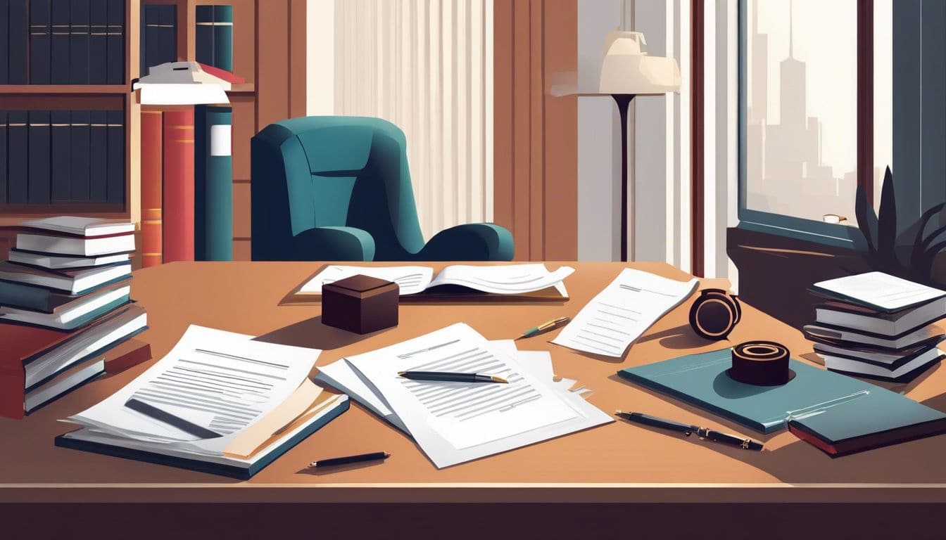 Een keurig georganiseerd bureau met juridische documenten en een wetboek. Een keurig georganiseerd bureau met juridische documenten en een wetboek.