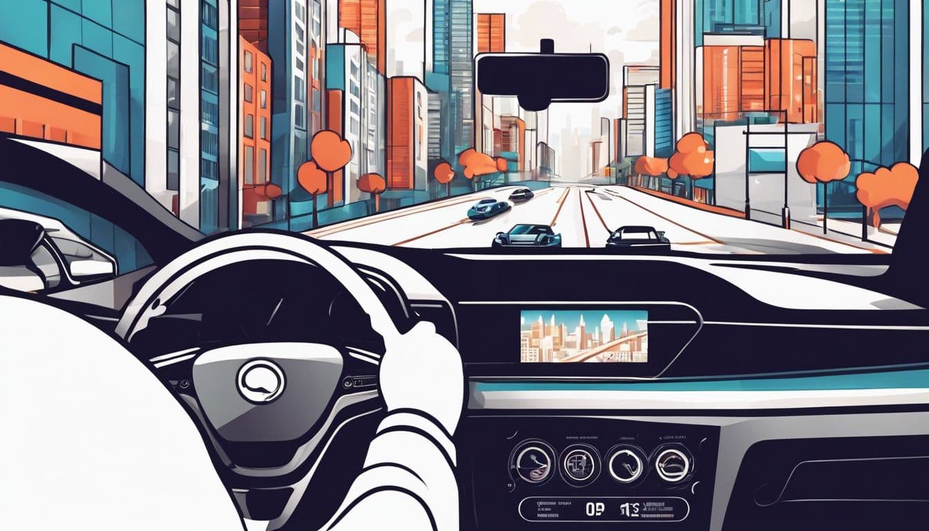 Een persoon rijdt in een auto met een navigatie-app in een moderne stad. Een persoon rijdt in een auto met een navigatie-app in een moderne stad.