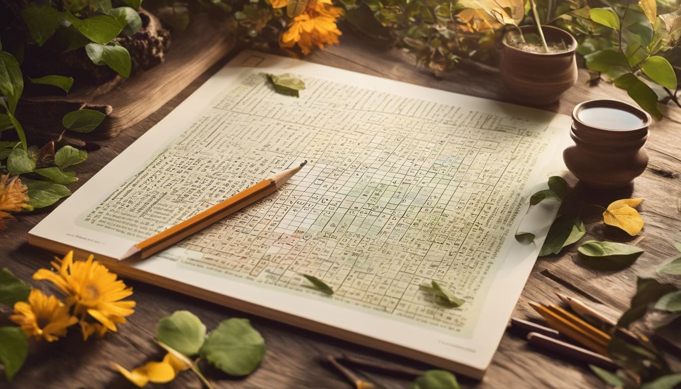 Een kruiswoordraadsel met potlood, woordenboeken en natuurachtergrond in platte ontwerpstijl. Een kruiswoordraadsel met potlood, woordenboeken en natuurachtergrond in platte ontwerpstijl.