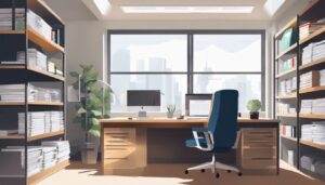 Een persoon ordent financiële documenten in een goed verlicht kantoor.