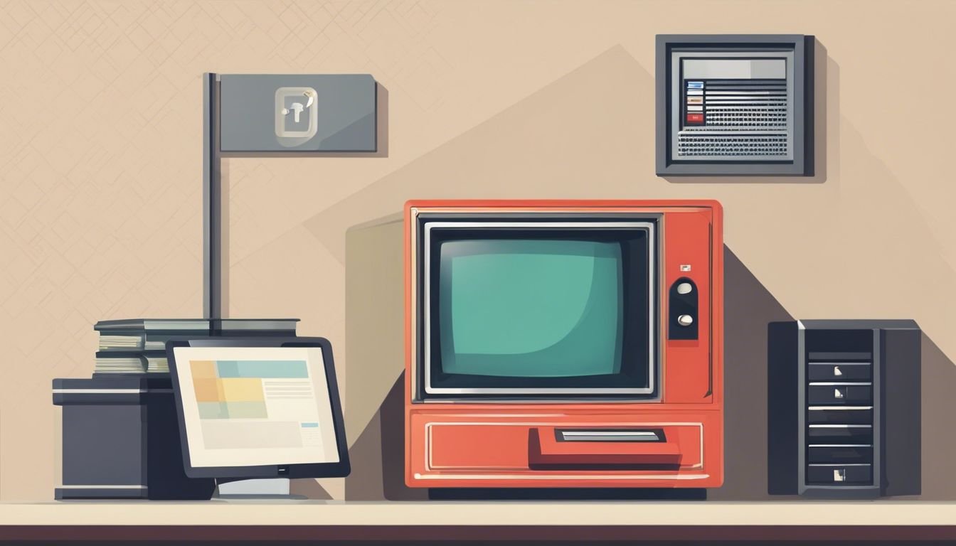Een vintage desktopcomputer met boekhoudsoftware, omringd door een veilige kluis.