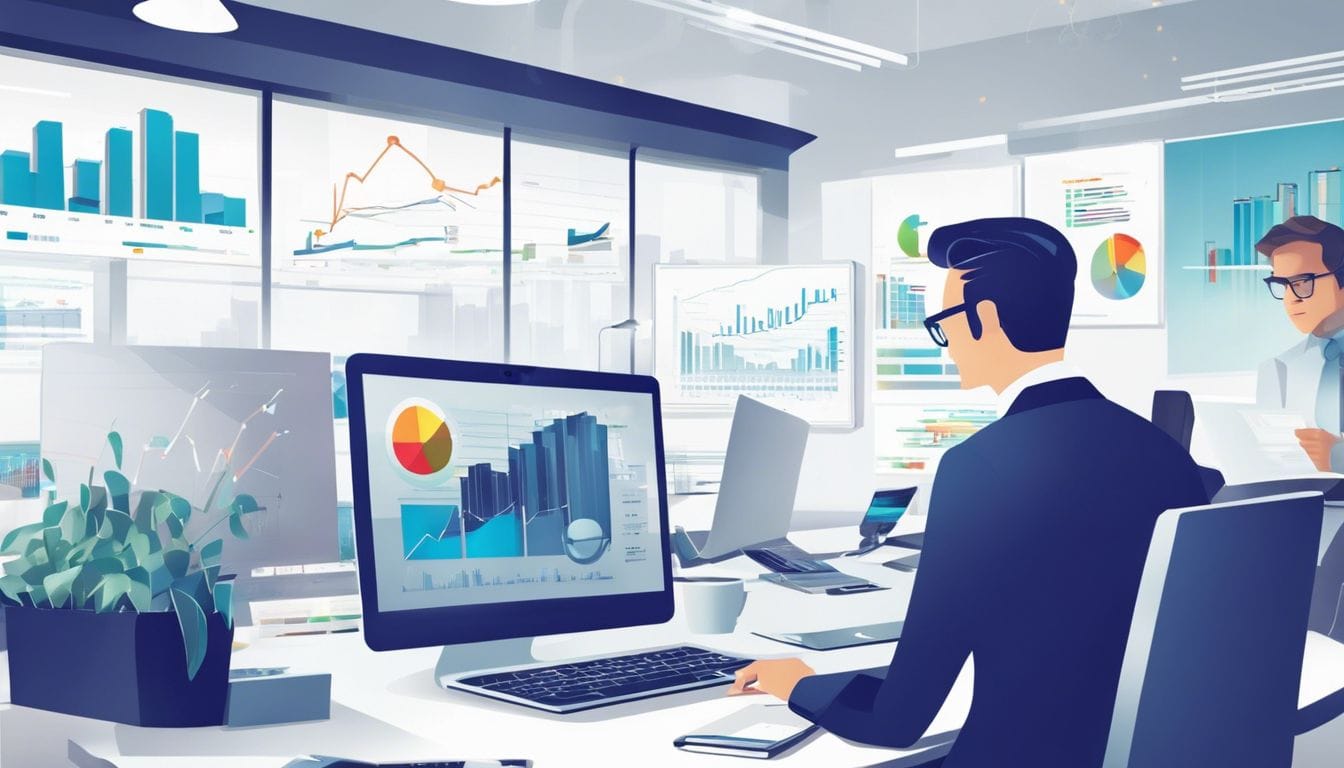 Een zakenman werkt aan een laptop met financi&euml;le grafieken in een moderne kantooromgeving.