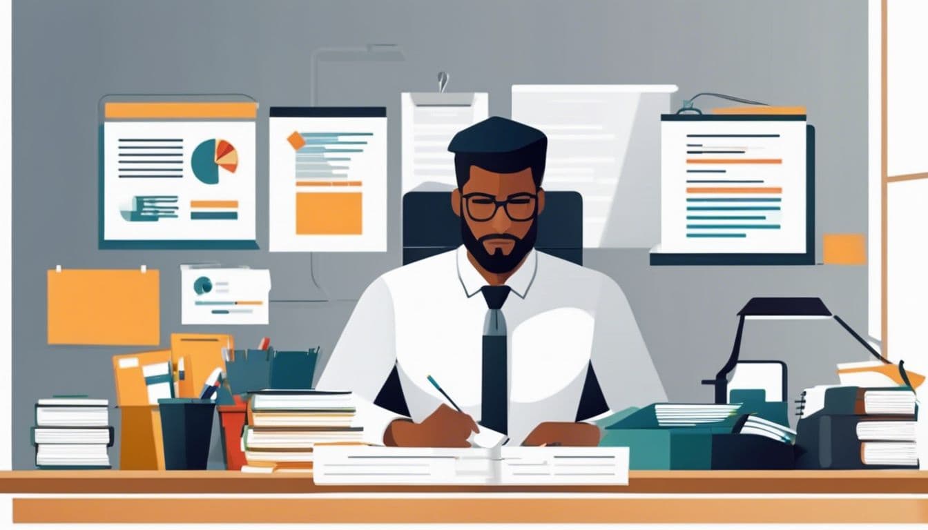 Een persoon organiseert financiële documenten op een net bureau. Een persoon organiseert financiële documenten op een net bureau.