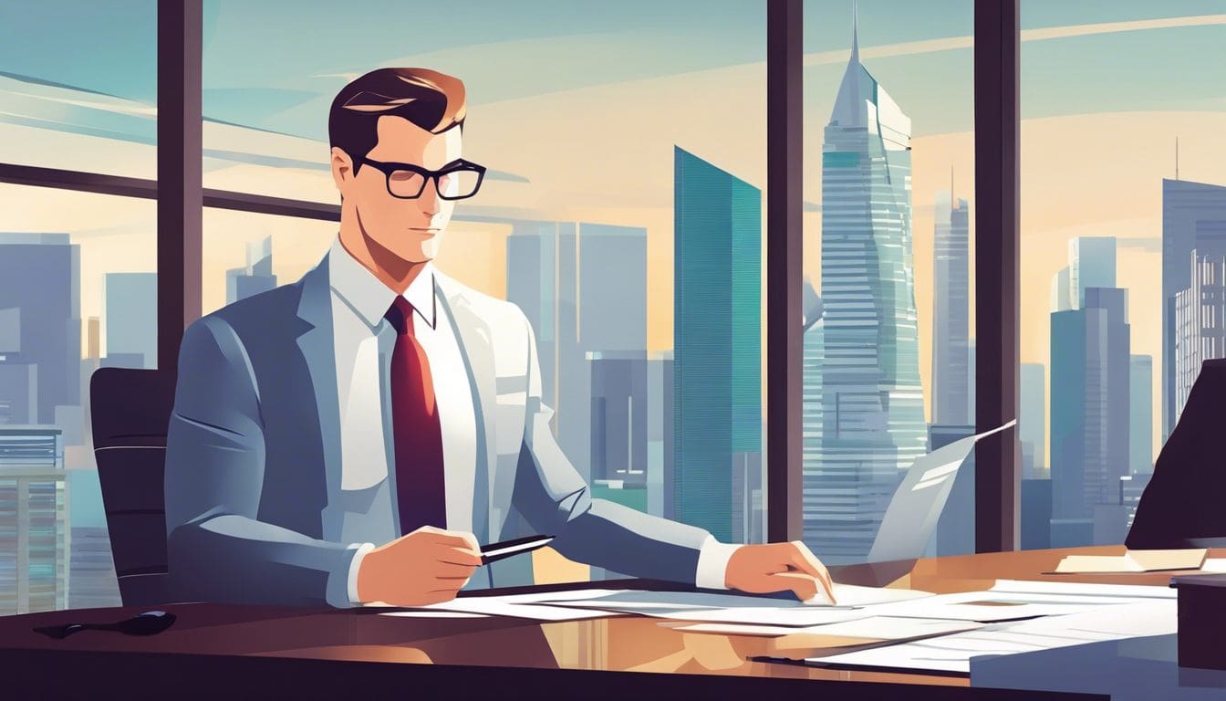 Een zakenman bekijkt financi&euml;le overzichten in modern kantoor.