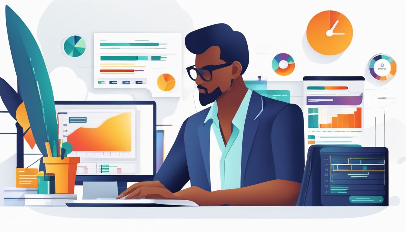 Een persoon werkt op een computer met financieel beheersoftware in een kantooromgeving.