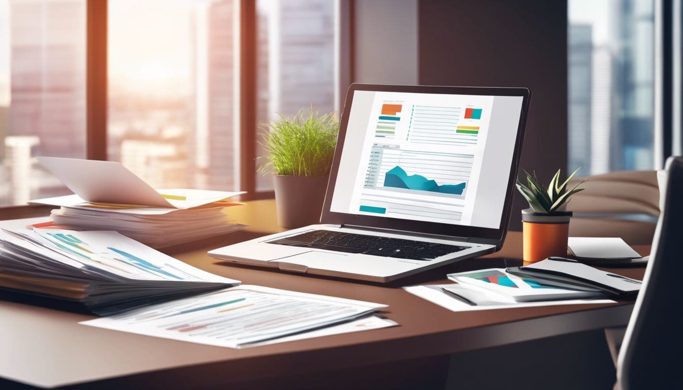 Een stapel financi&euml;le documenten naast een laptop in een modern kantoor.