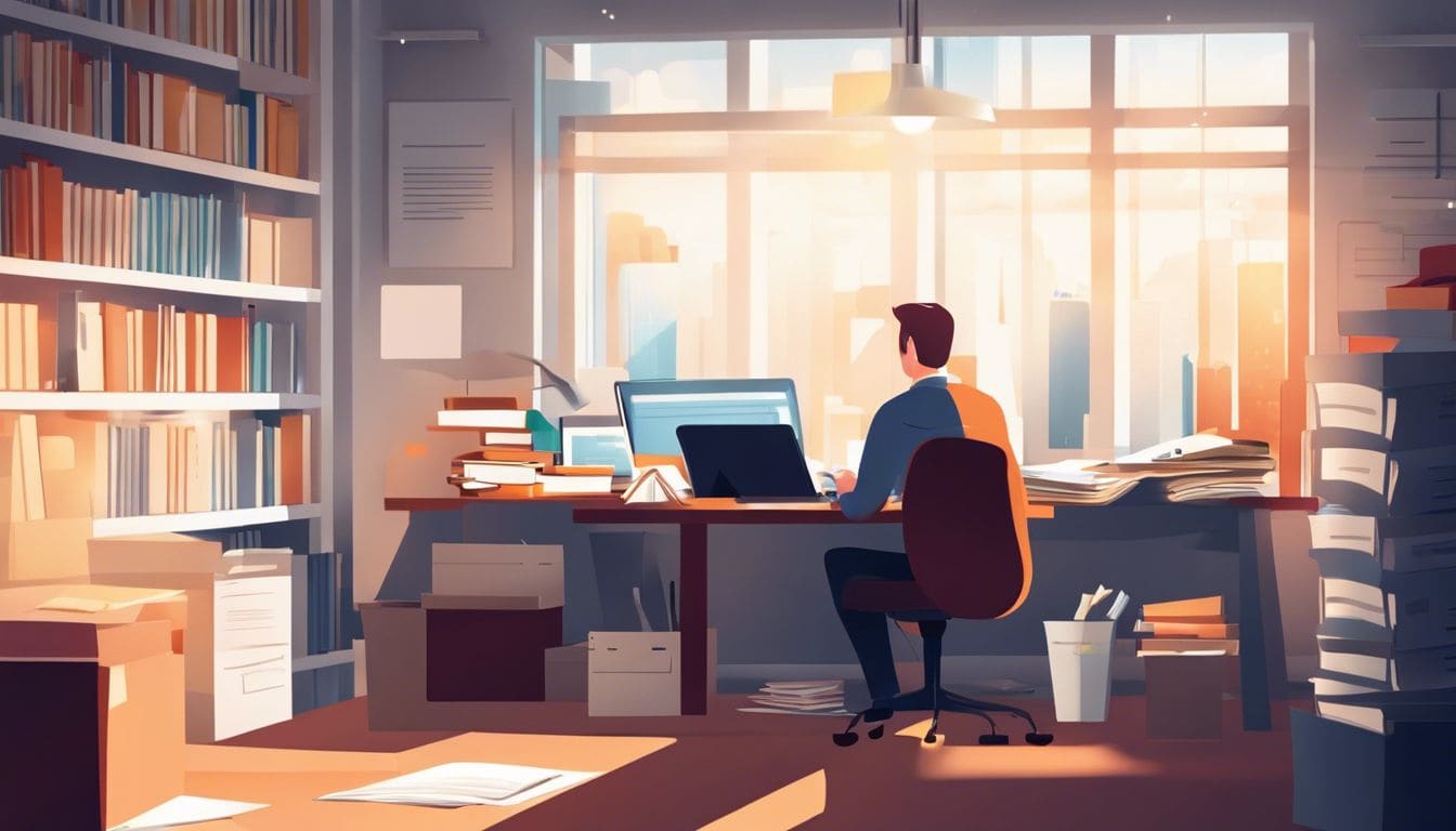 Een persoon organiseert financiële documenten in een goed verlicht kantoor. Een persoon organiseert financiële documenten in een goed verlicht kantoor.