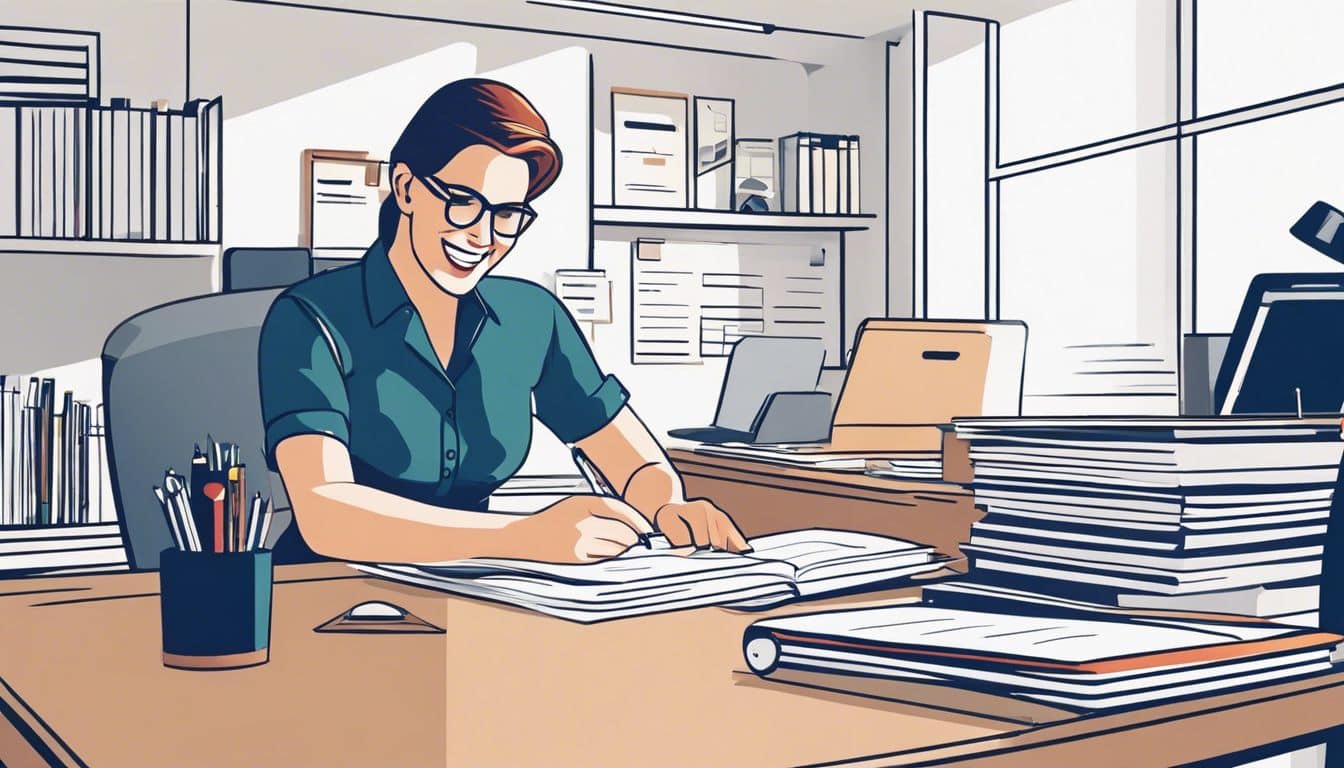 Een persoon glimlacht terwijl hij financi&euml;le documenten organiseert op een net bureau.