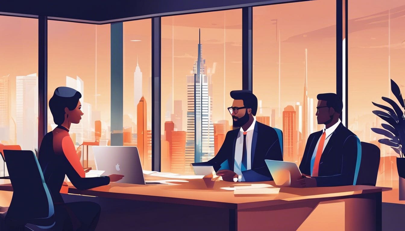 Een ondernemer ontvangt financieel advies in een kantoor met stadsgezicht.