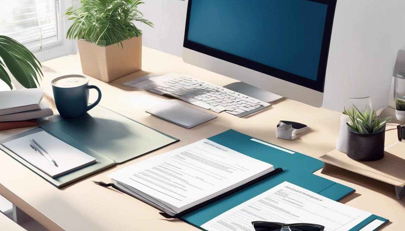 Een opgeruimd bureau met boekhoudkundige boeken en financiële documenten, een professionele en georganiseerde uitstraling. Een opgeruimd bureau met boekhoudkundige boeken en financiële documenten, een professionele en georganiseerde uitstraling.