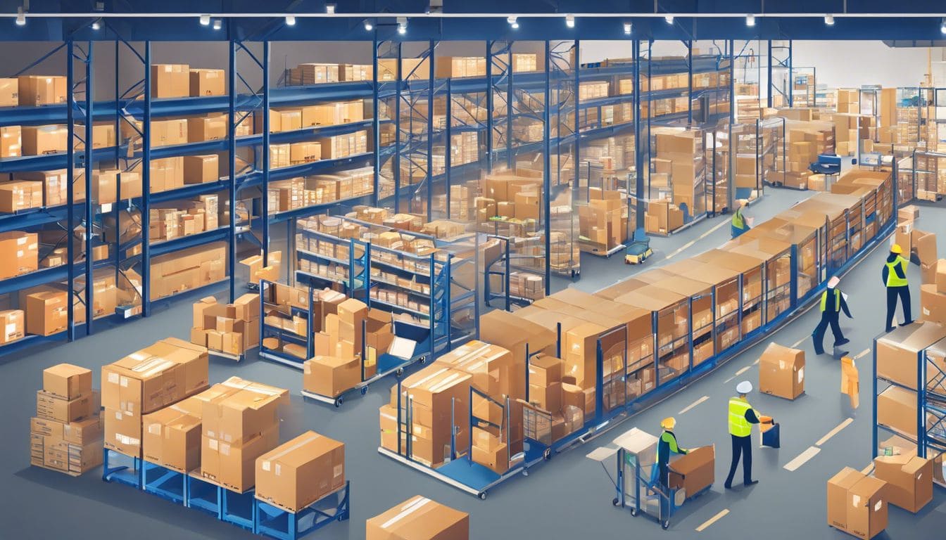 Een magazijnmanager volgt herbruikbare verpakkingen in een druk distributiecentrum.