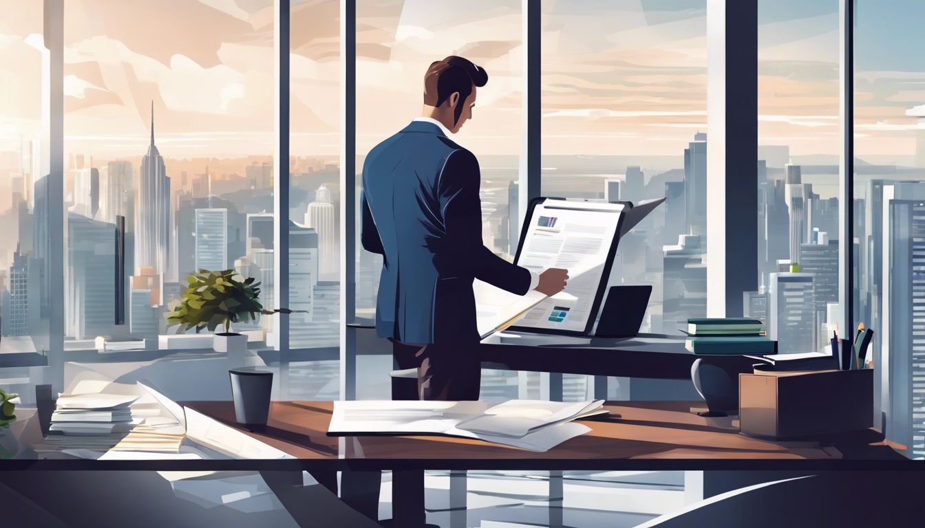 Een jonge ondernemer werkt hard aan financi&euml;le documenten op een modern kantoor.