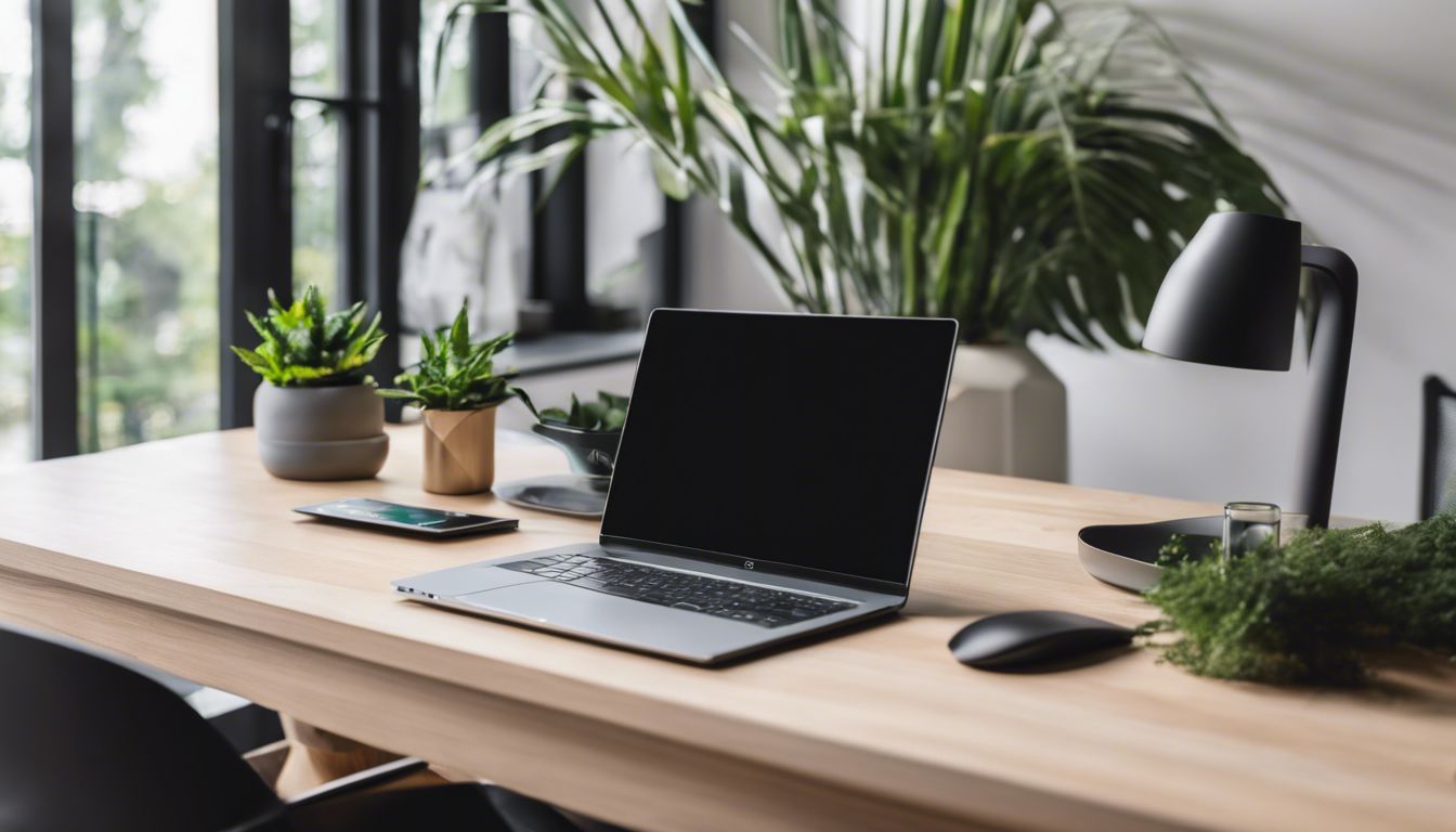 Een freelancer werkt op een laptop in een moderne thuiskantoor met strak en minimalistisch ontwerp.